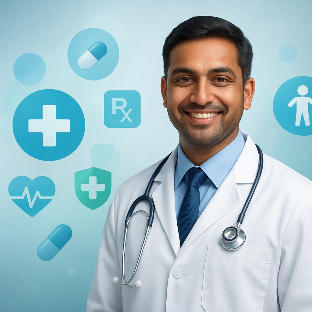 FastMeds Healthcare — Doctor with medical symbols